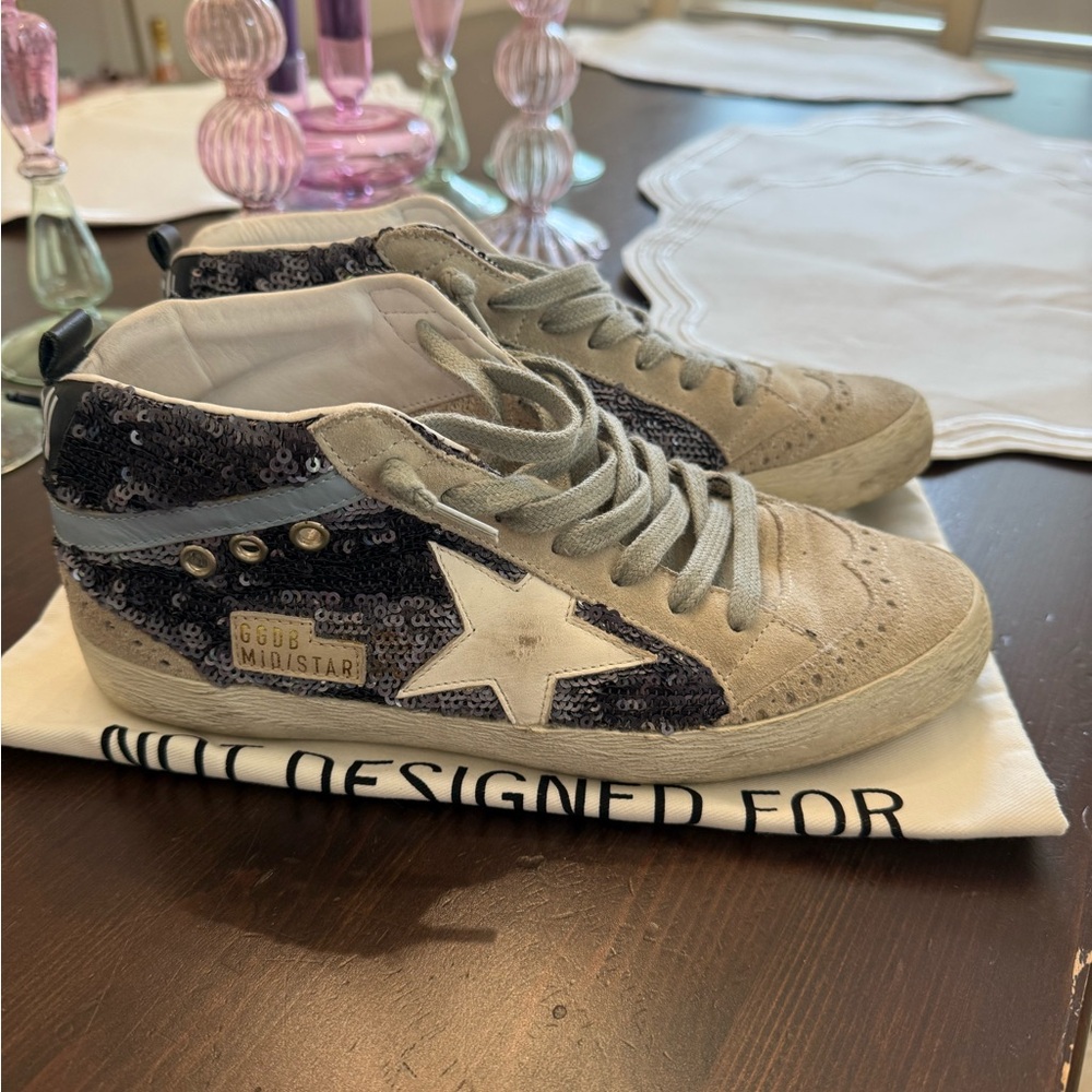 Golden Goose Sequin Midstar Sneakers - Navy and White